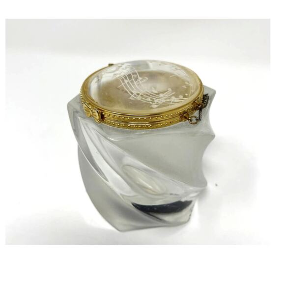 Frosted Crystal Gold Trimmed Hinged Dresser Trinket Box Musical Notes Signed KF - Picture 2 of 13